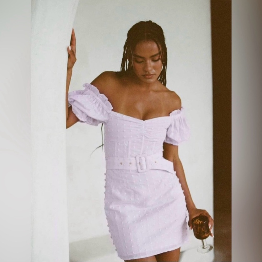 Lavender Puff Sleeve Sabo Skirt Dress